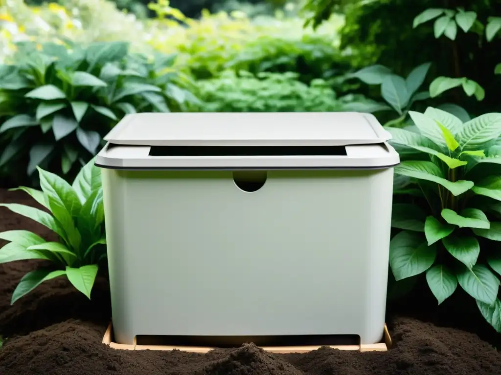 Innovaciones en compostaje saludable: Un compostador moderno en un jardín exuberante, reflejando armonía y sostenibilidad