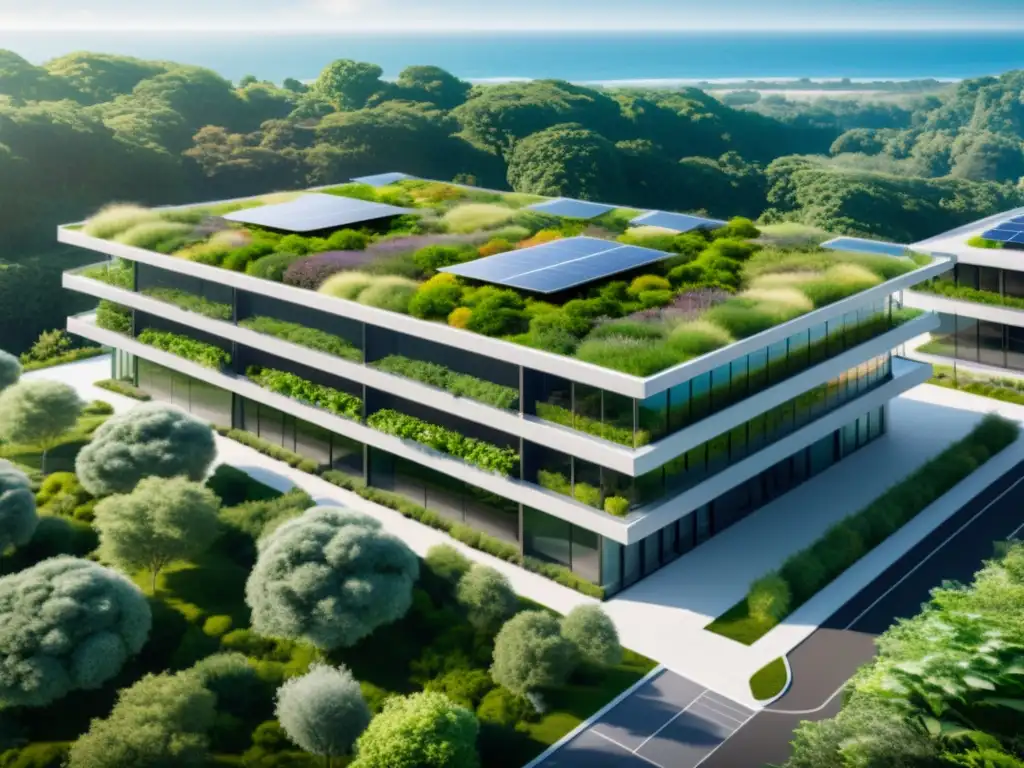 Innovaciones en edificios comerciales ecológicos: arquitectura futurista con diseño sostenible, techos verdes, paneles solares y paisajismo integrado