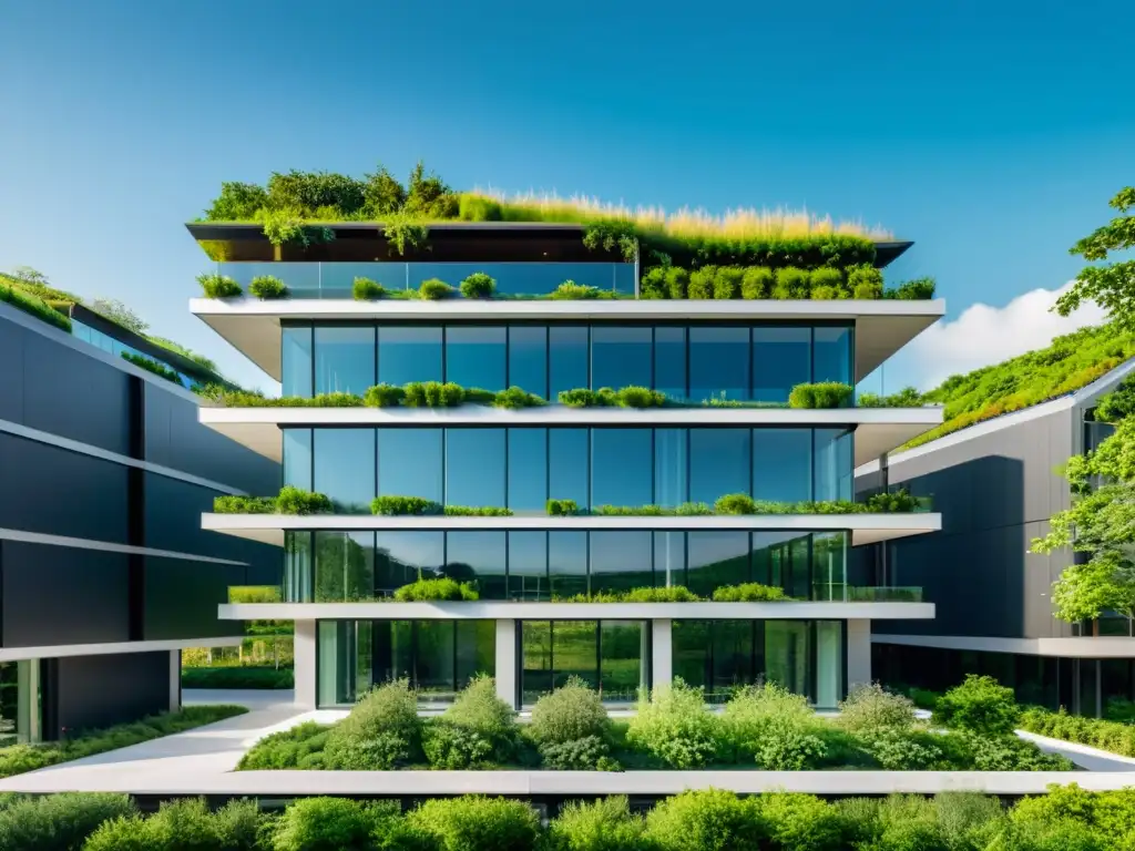 Innovaciones en edificios comerciales ecológicos: moderno edificio con diseño sostenible, paneles solares y vegetación integrada en entorno natural