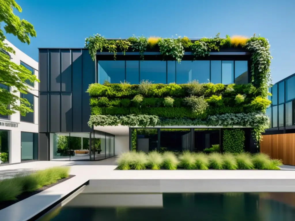 Innovaciones en edificios comerciales ecológicos: moderno edificio con muro verde y diseño sostenible, reflejando el skyline en su fachada de vidrio