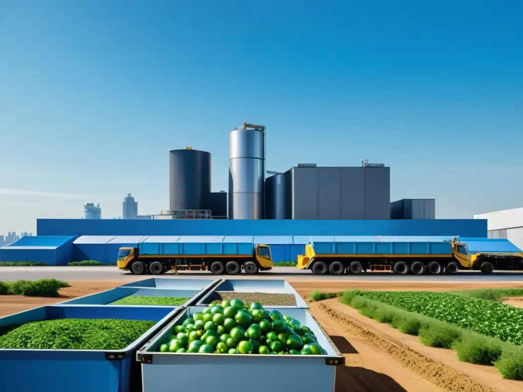 Innovaciones en reciclaje y residuos: Una planta de reciclaje moderna con maquinaria futurista, rodeada de vegetación y una ciudad sostenible al fondo