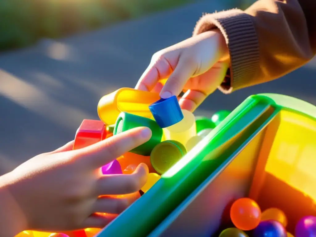 Innovaciones reciclaje juguetes sostenibles: Mano de niño depositando juguete en contenedor de reciclaje, con luz cálida y detalles nítidos