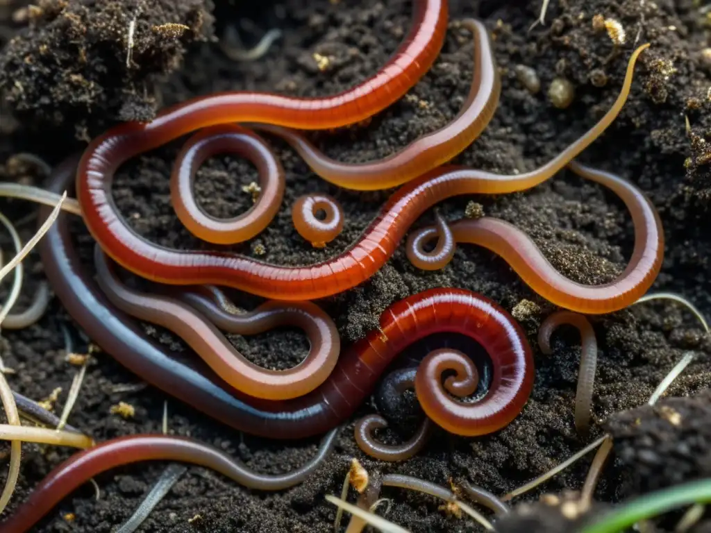 Insectos y lombrices en compostaje doméstico: Detalle de lombrices rojas moviéndose entre el compost, creando una escena hipnótica de belleza natural