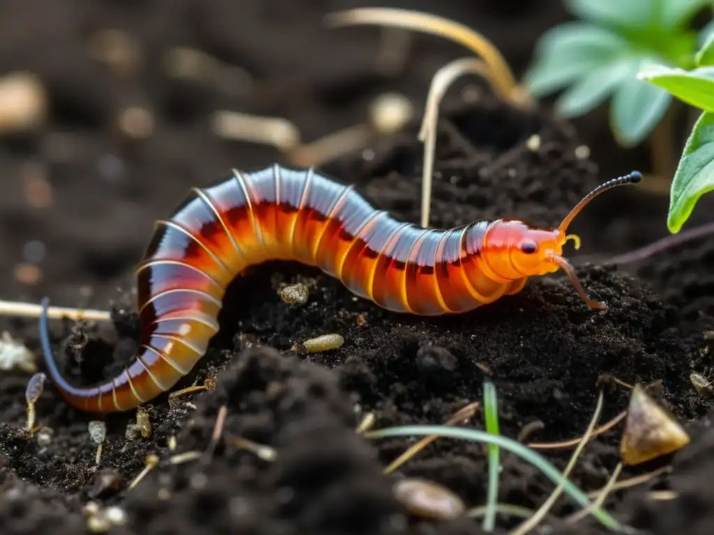 Insectos y lombrices en compostaje doméstico: Detalle asombroso de lombriz roja californiana sobre rico compost