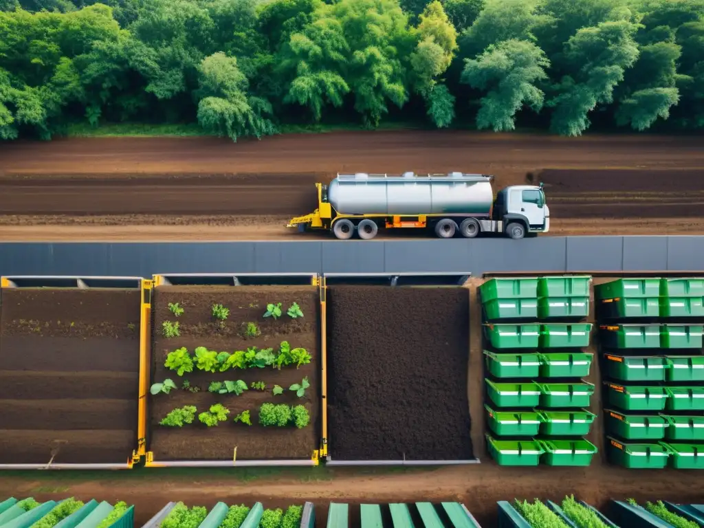 Una instalación de compostaje activa y ordenada rodeada de exuberante vegetación