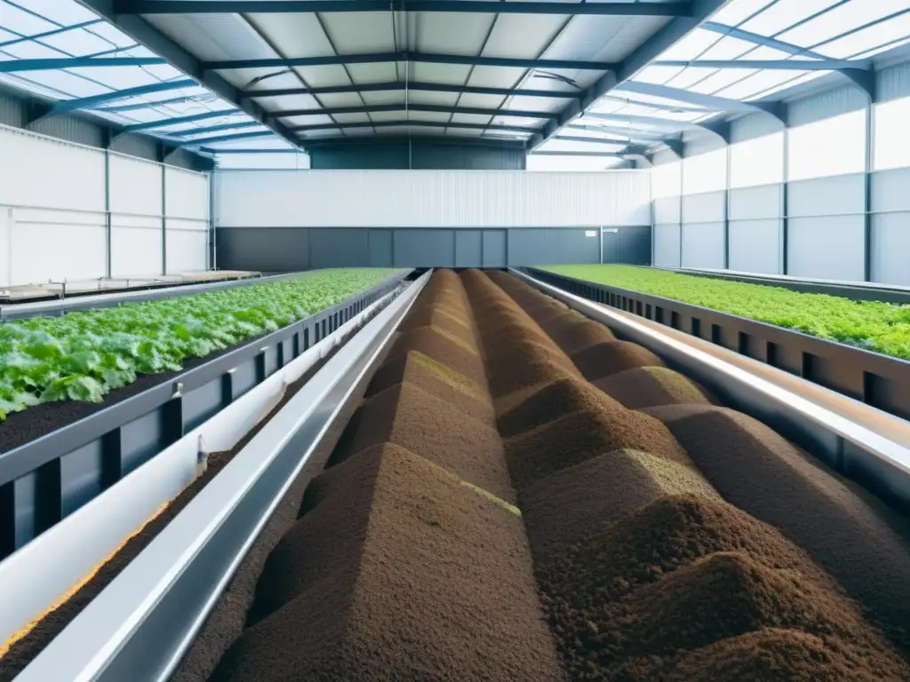 Instalación de compostaje integrada con éxito en la industria alimentaria, rodeada de vegetación exuberante y maquinaria eficiente