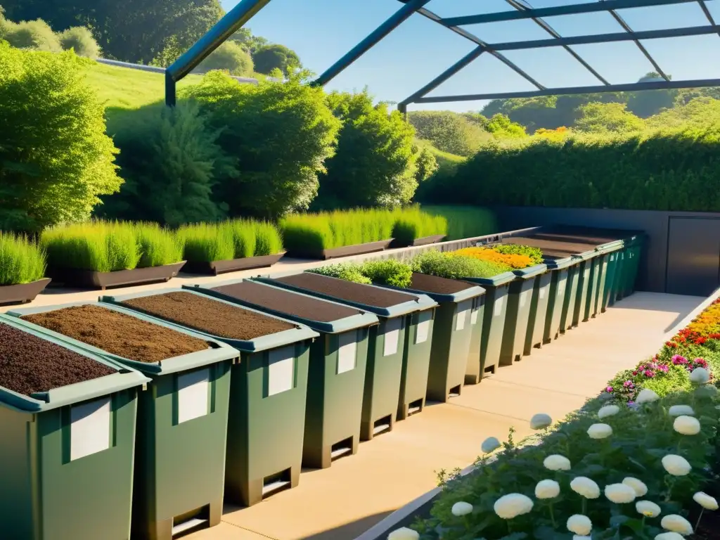 Instalación de compostaje moderna rodeada de naturaleza exuberante, emanando eficiencia y sostenibilidad