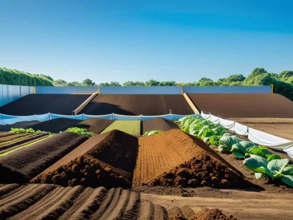 Instalación de compostaje con pilas ordenadas y trabajadores, cumpliendo regulaciones legales compostaje reciclaje, rodeada de exuberante vegetación