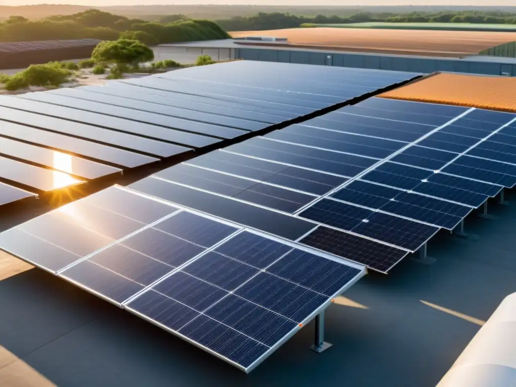 Instalación de reciclaje con integración de energía renovable en la arquitectura moderna, reflejando innovación y sostenibilidad al atardecer
