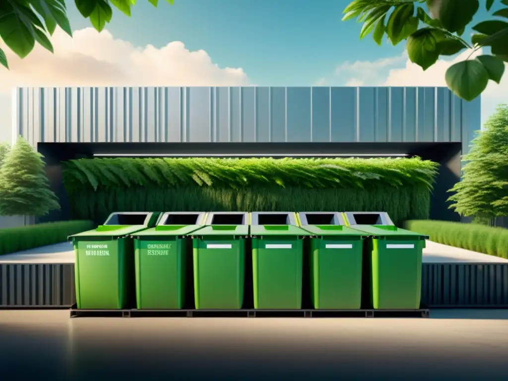 Centro de reciclaje moderno y sostenible: imagen 8k detallada Una instalación de reciclaje moderna y minimalista rodeada de vegetación exuberante, con maquinaria de vanguardia y trabajadores cuidadosos