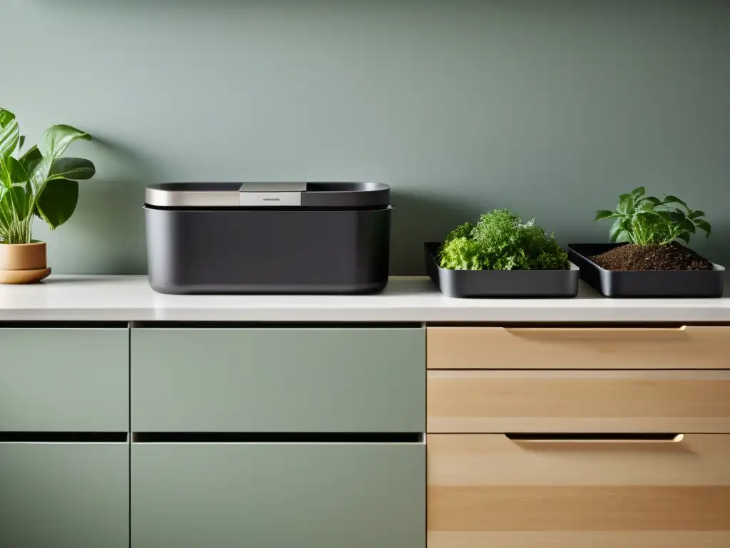 Una integración elegante de compostaje sostenible en una cocina moderna y bien organizada, con contenedores claros y un jardín interior próspero