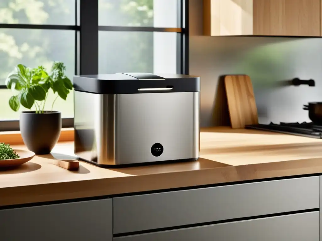 Encimera de cocina moderna con compostera de diseño elegante Integración de sistemas de compostaje en hogar: Cocina moderna con elegante contenedor de compostaje y elementos naturales