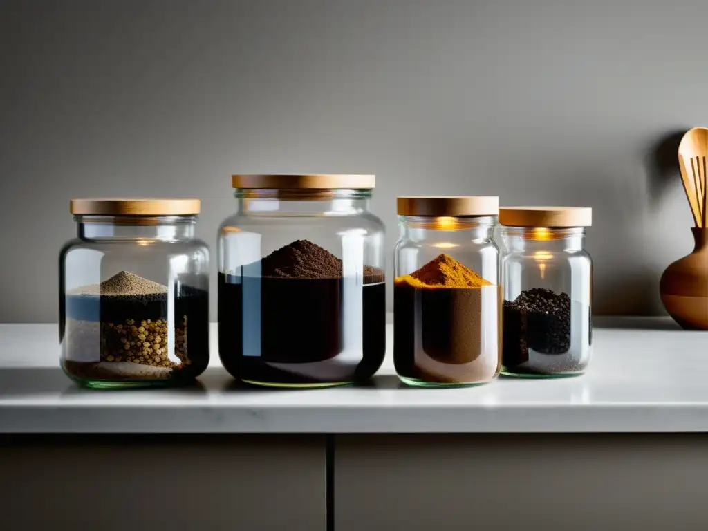 Encanto sostenible: Compost en cocina moderna Integración de sistemas de compostaje en hogar: Encimera de cocina moderna con frascos de compostaje en elegante entorno