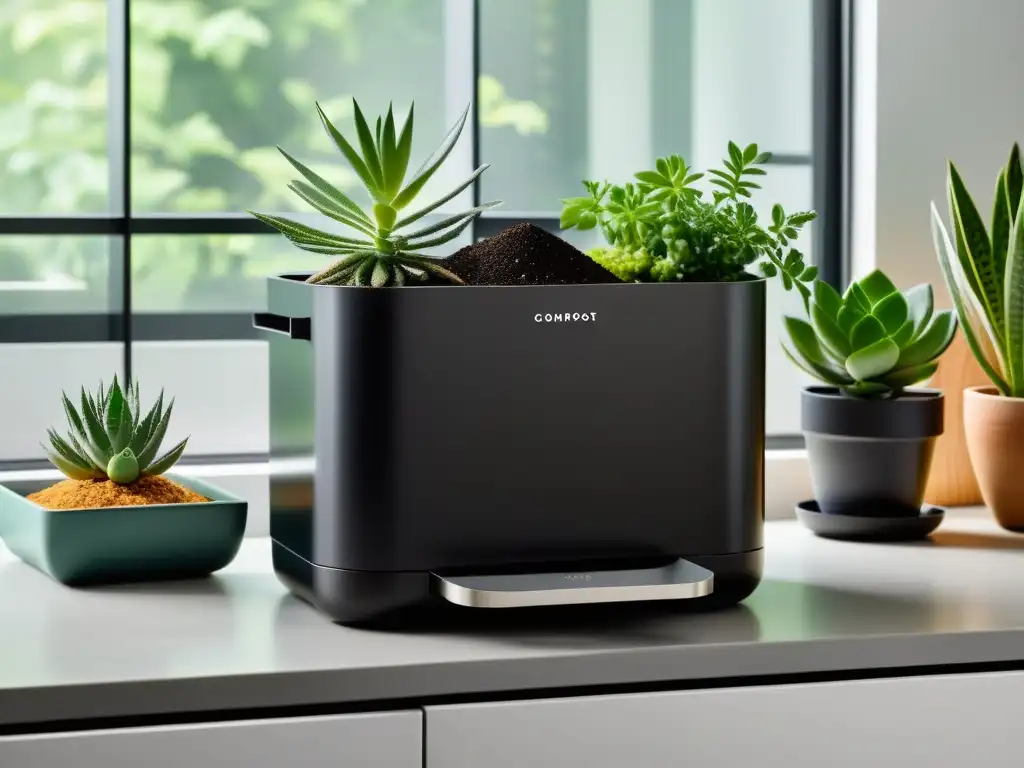 Encantadora compostera en cocina moderna Integración de sistemas de compostaje en hogar: Cocina moderna con compostera elegante, hierbas y suculentas, creando un espacio fresco y sostenible