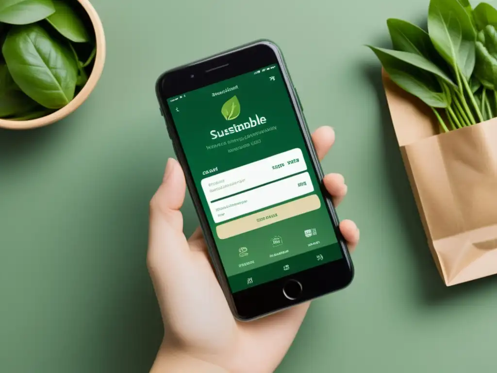 Interfaz de app de compras sostenibles para el hogar en smartphone, con diseño moderno y ecofriendly