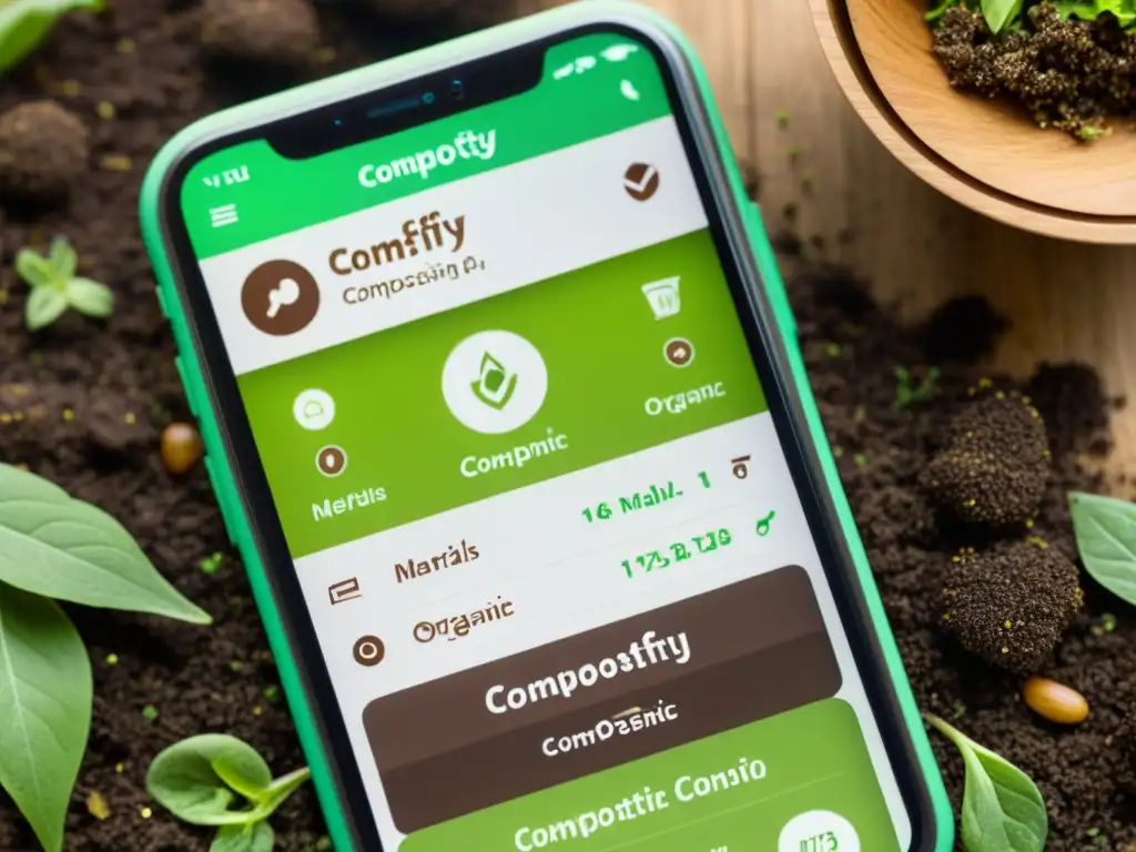 Interfaz de la app de Compostify mostrando diseño moderno e intuitivo, con compostaje en acción