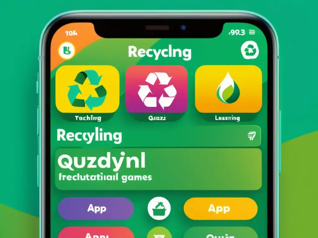 Interfaz de app educativa para reciclar niños, con juegos interactivos y colores vibrantes