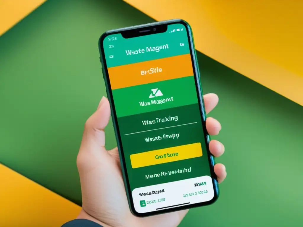 Interfaz de app de gestión de residuos con colores vibrantes y ahorro de dinero