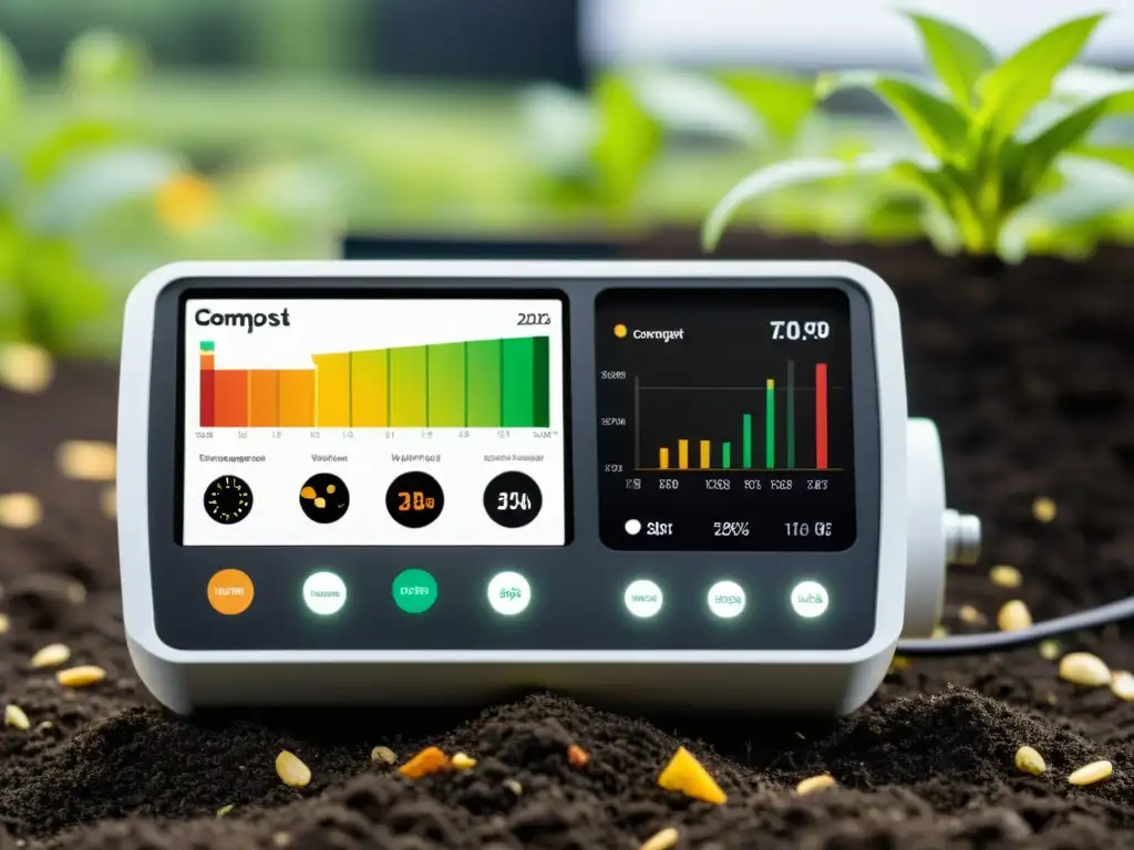 Una interfaz digital de monitoreo del compostaje en casa muestra datos en tiempo real sobre temperatura, humedad y progreso de descomposición