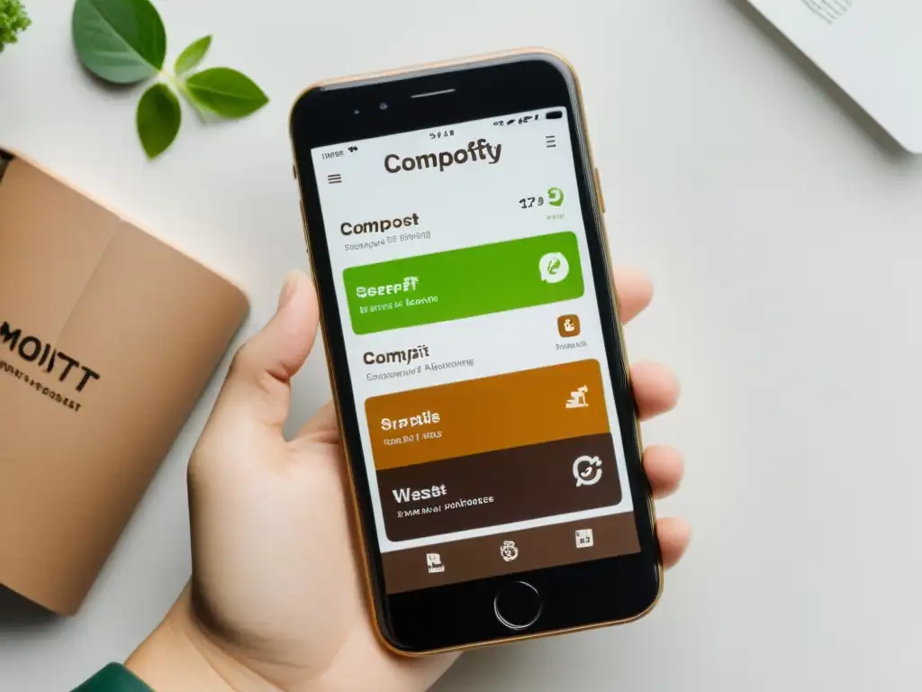 Interfaz del app 'Compostify' con diseño moderno y tonos verdes y marrones