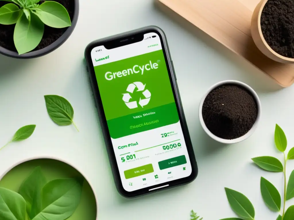 Interfaz de la app GreenCycle mostrando estadísticas detalladas de compostaje en un smartphone moderno