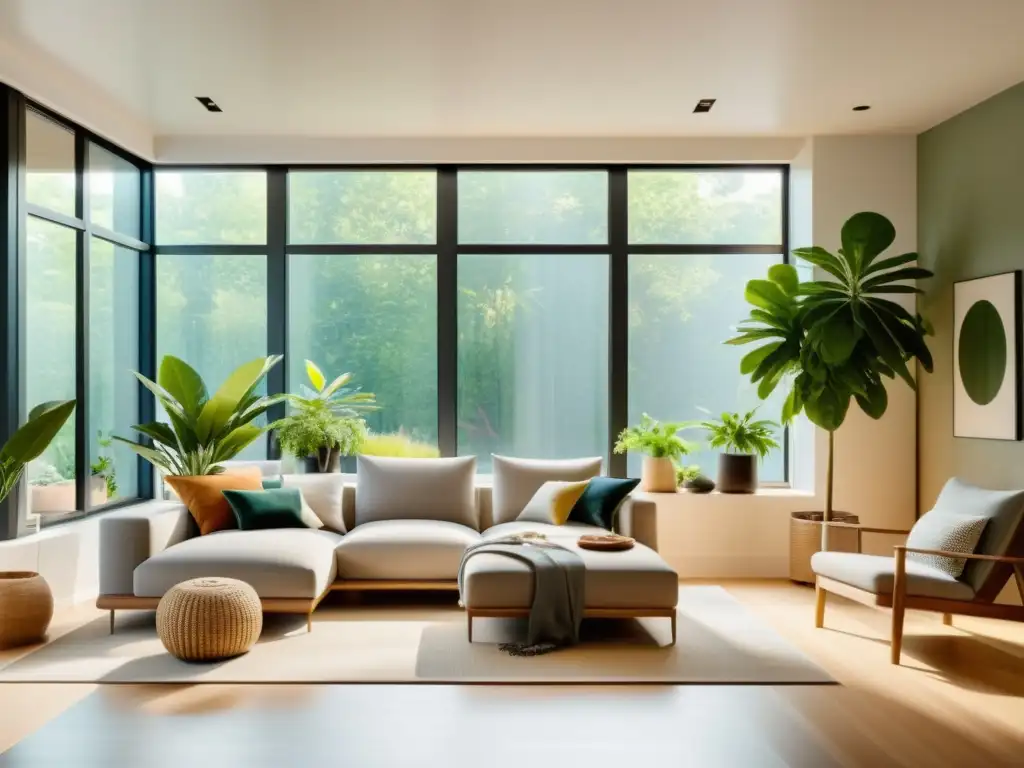 Interior sostenible: hogar minimalista con muebles eco, electrodomésticos eficientes y luz natural