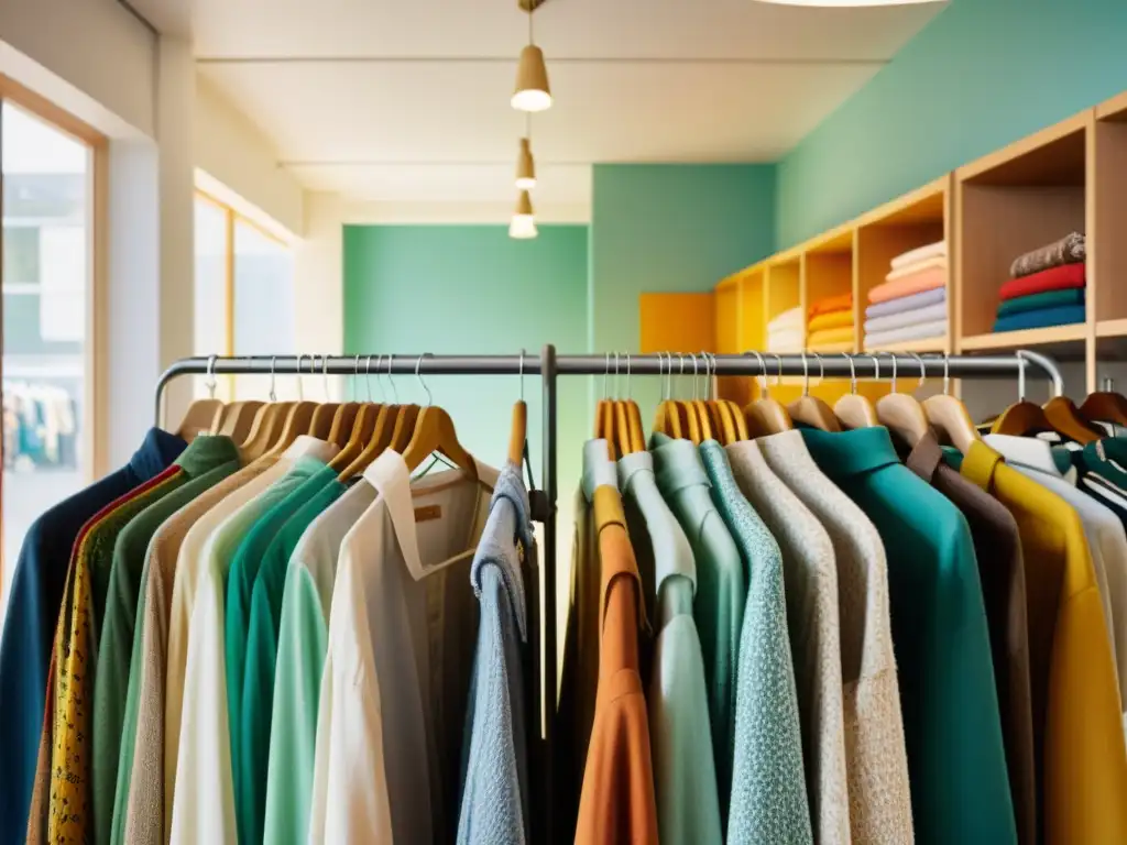 Tienda vintage: ropa de calidad en ambiente sostenible Interior de tienda vintage con ropa de segunda mano colorida y organizada, bañada en luz natural