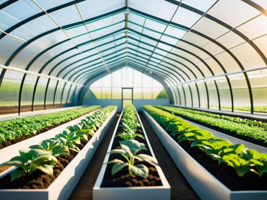 Un invernadero moderno y minimalista rebosante de plantas saludables y vibrantes, bañado por la cálida luz del sol