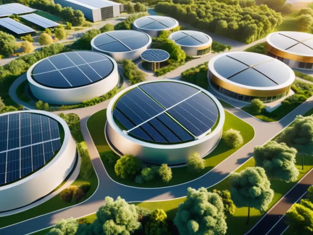 Inversiones sostenibles economía circular: Parque industrial moderno con edificios circulares, paneles solares y gente disfrutando del entorno natural al atardecer