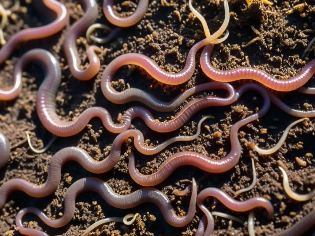 Invertebrados descomponiendo compost, gusanos de tierra en movimiento a través de nutrientes, creando túneles en el suelo húmedo