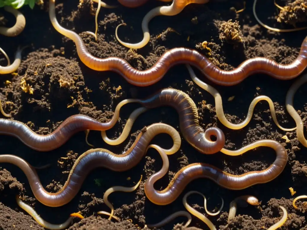 Invertebrados contribuyendo a la descomposición del compost, serpenteando entre la materia orgánica en descomposición bajo la luz filtrada