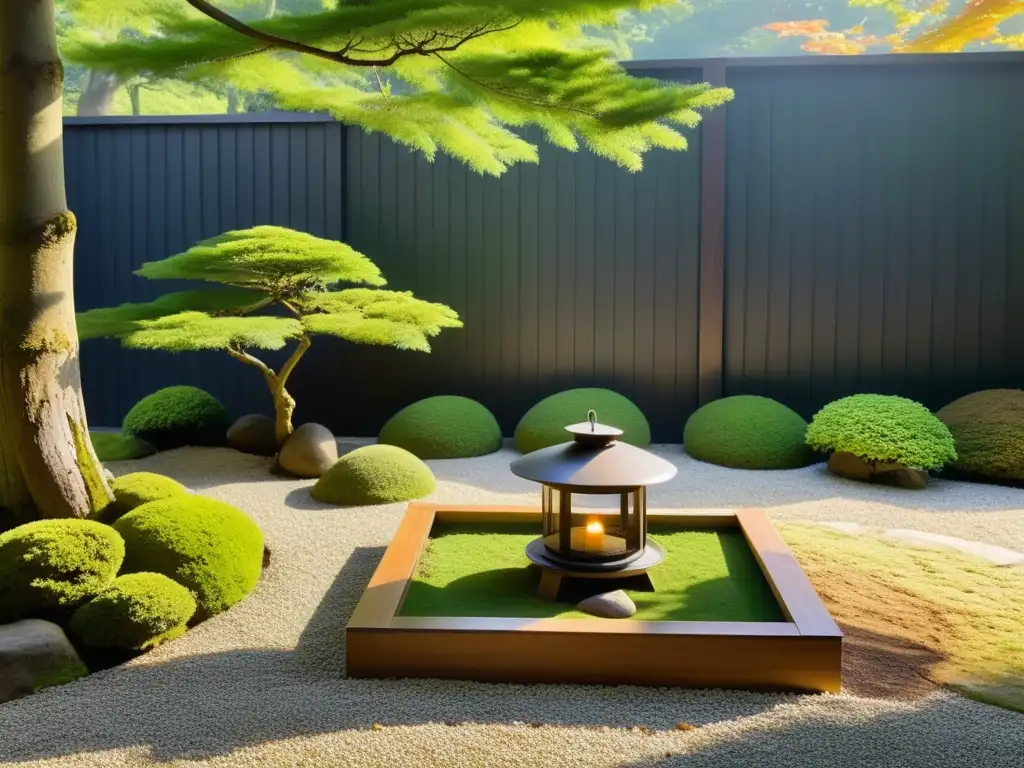 Un jardín japonés sereno con un compostador de madera, técnicas de compostaje en Japón, y un fondo de musgo verde vibrante