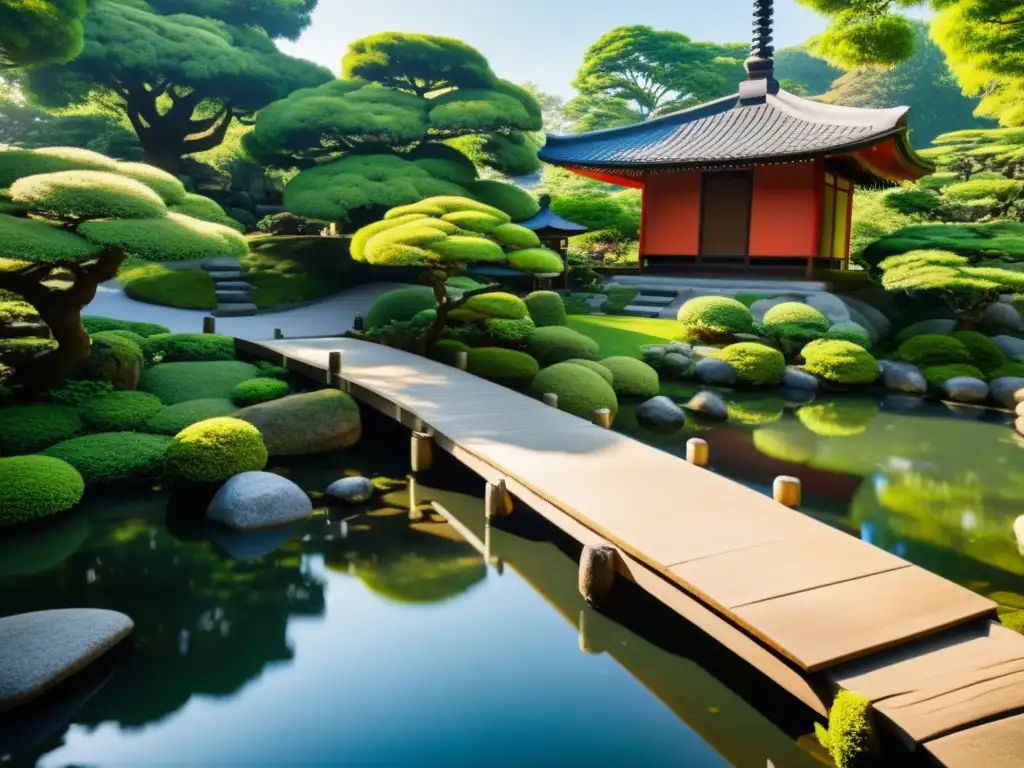 Un jardín japonés sereno con rocas meticulosamente dispuestas, un pequeño puente de madera y exuberante vegetación reflejada en un estanque tranquilo