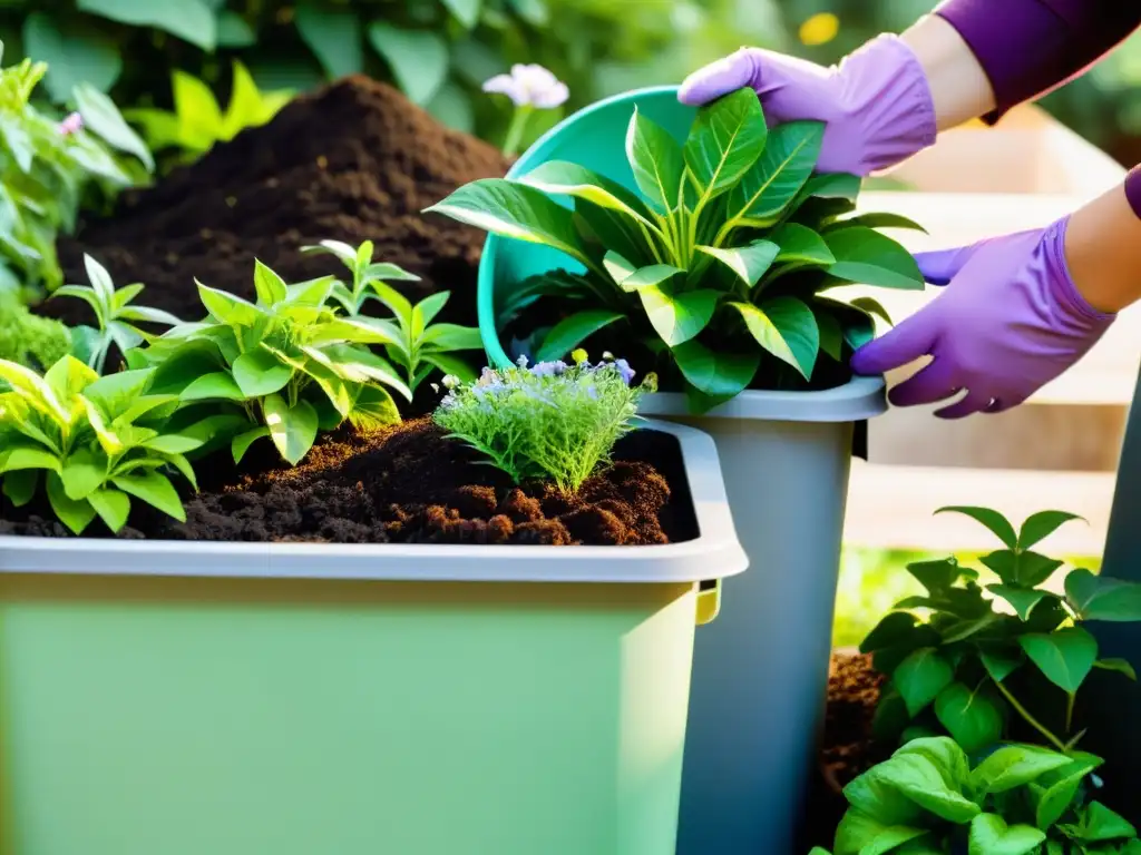 Un jardín abundante con compostaje Bokashi para jardín, lleno de plantas vibrantes y flores coloridas, bajo la cálida luz del sol