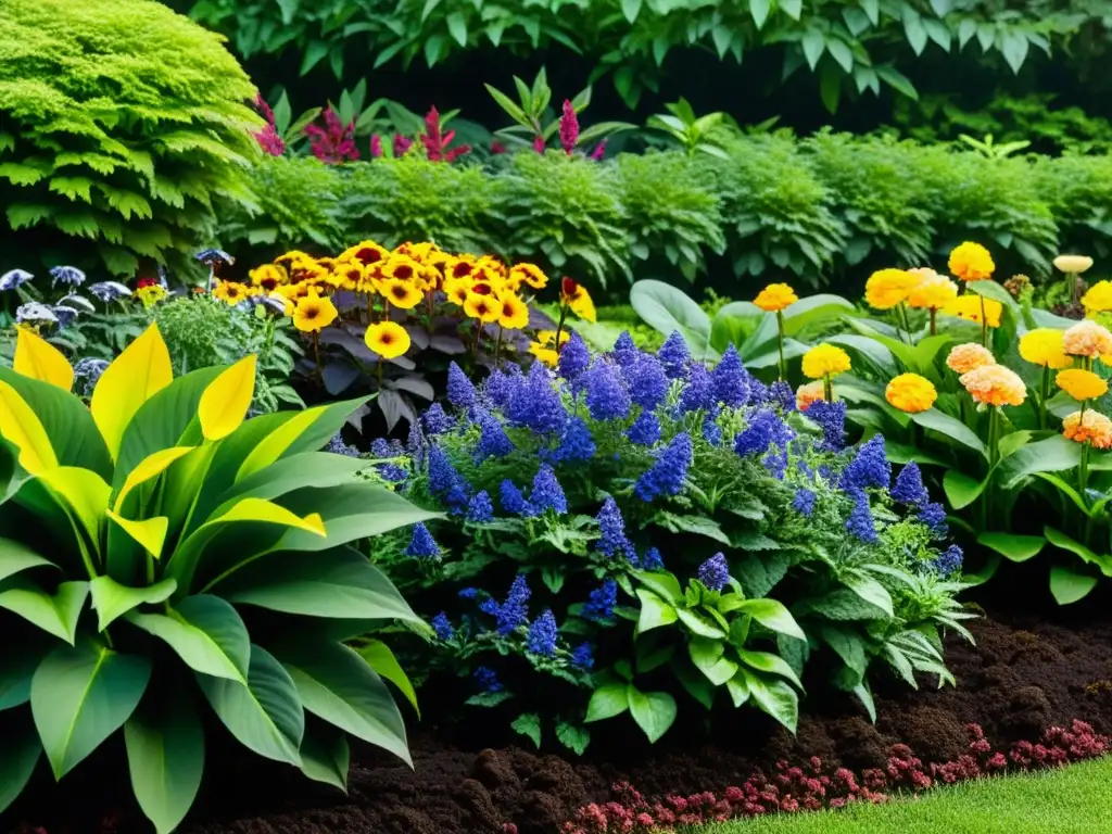 Un jardín exuberante y colorido bañado por la cálida luz matutina, nutrido por fertilizantes naturales para plantas