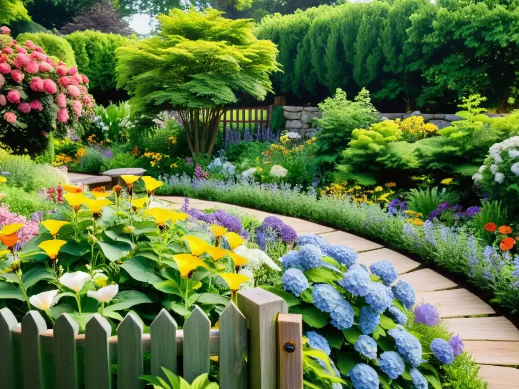 Un jardín exuberante y colorido con flores, senderos de piedra y luz solar filtrándose a través de los árboles