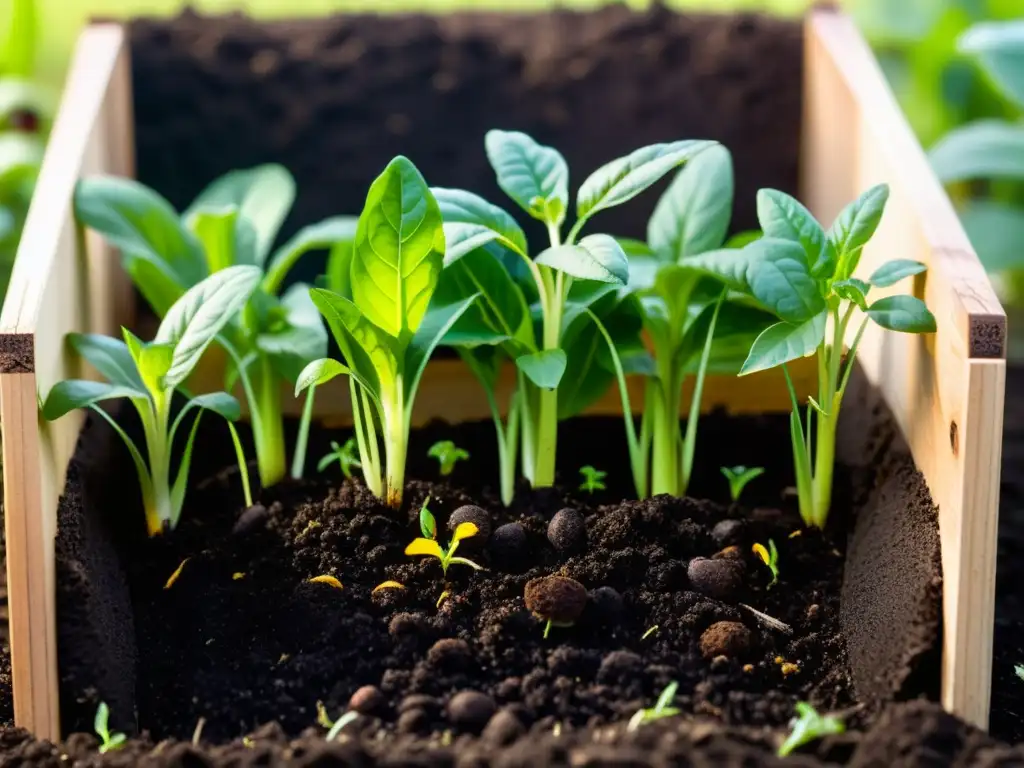 Un jardín exuberante y fértil con compost orgánico, nutriendo vegetales y flores