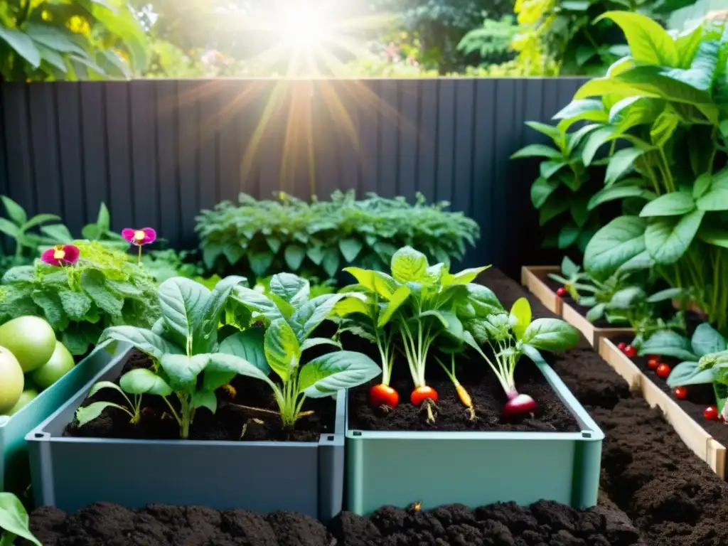 Un jardín exuberante y frondoso, repleto de frutas, verduras y flores, todo en suelo fértil y saludable