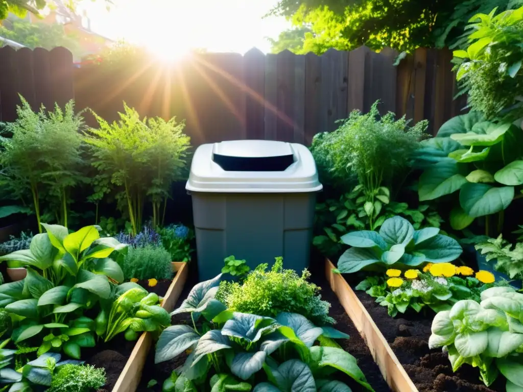 Un jardín exuberante y lleno de vida, con plantas vibrantes y saludables bajo el sol