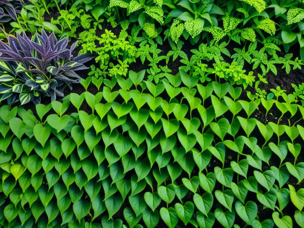 Un jardín exuberante y saludable, con plantas verdes y raíces intrincadas, evocando la sostenibilidad y beneficios de la jardinería sostenible