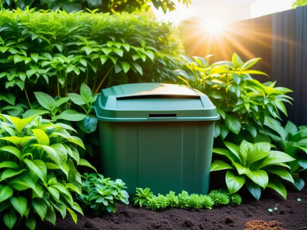 Un jardín exuberante y sostenible con un compostador, plantas vibrantes y un ambiente sereno