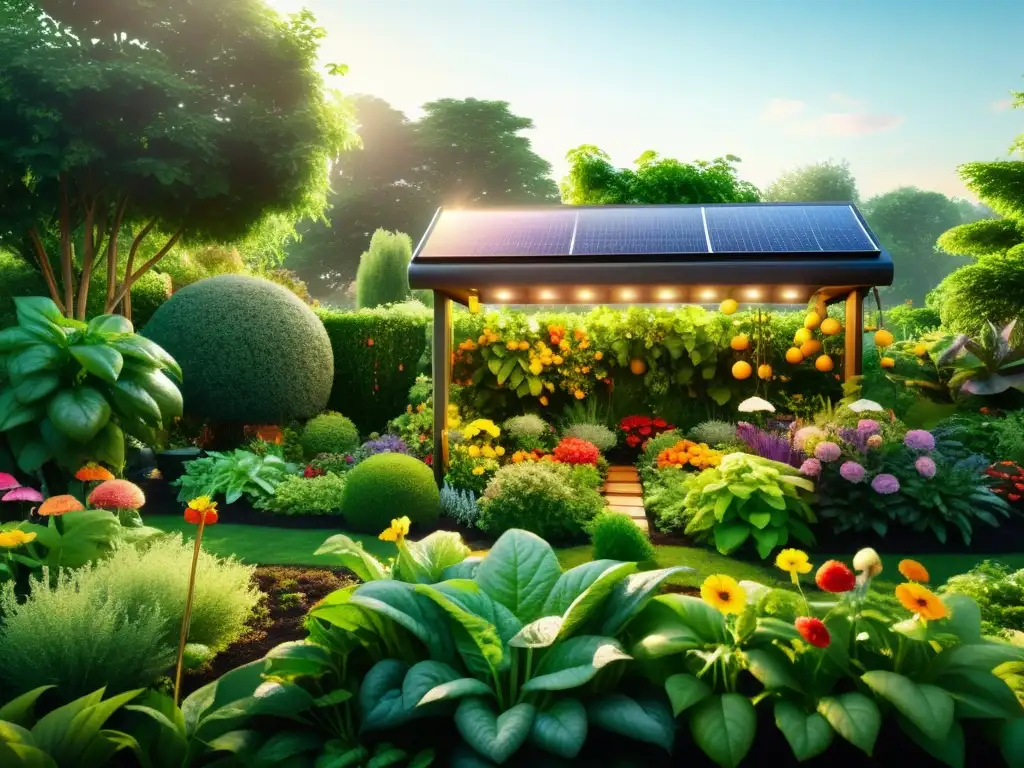 Un jardín exuberante y sostenible con estación meteorológica, evocando equilibrio y tranquilidad