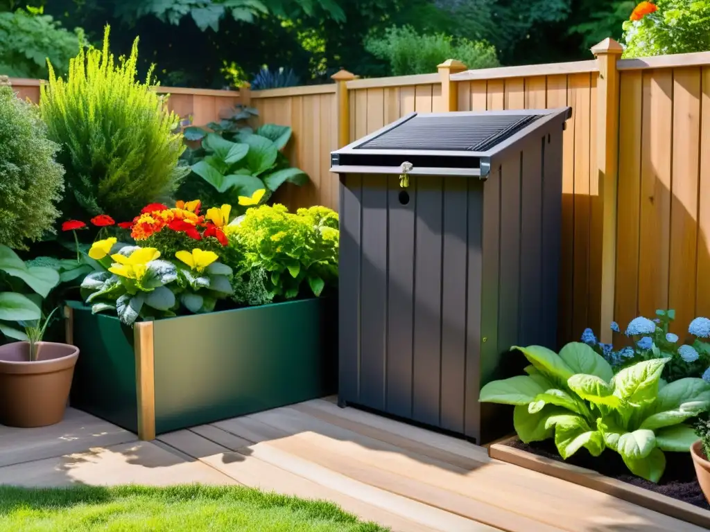Jardín sostenible: compostaje en armonía Un jardín exuberante y verde con un compostador de madera, rodeado de flores vibrantes y plantas prósperas