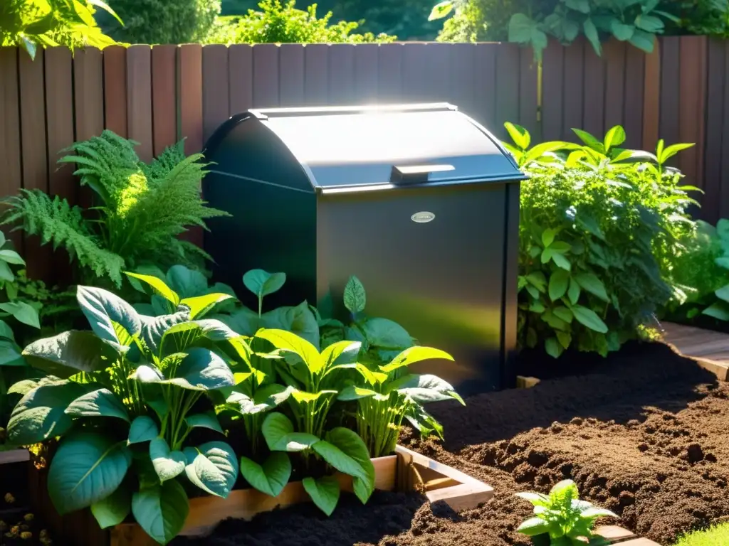 Un jardín exuberante y verde con compostaje activo, control de malas hierbas y plantas vibrantes