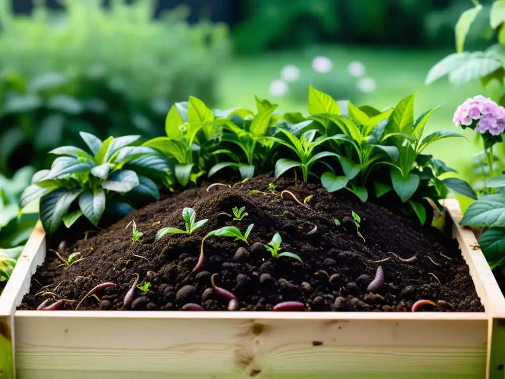 Un jardín exuberante y verde con compostaje oscuro y tierra fértil