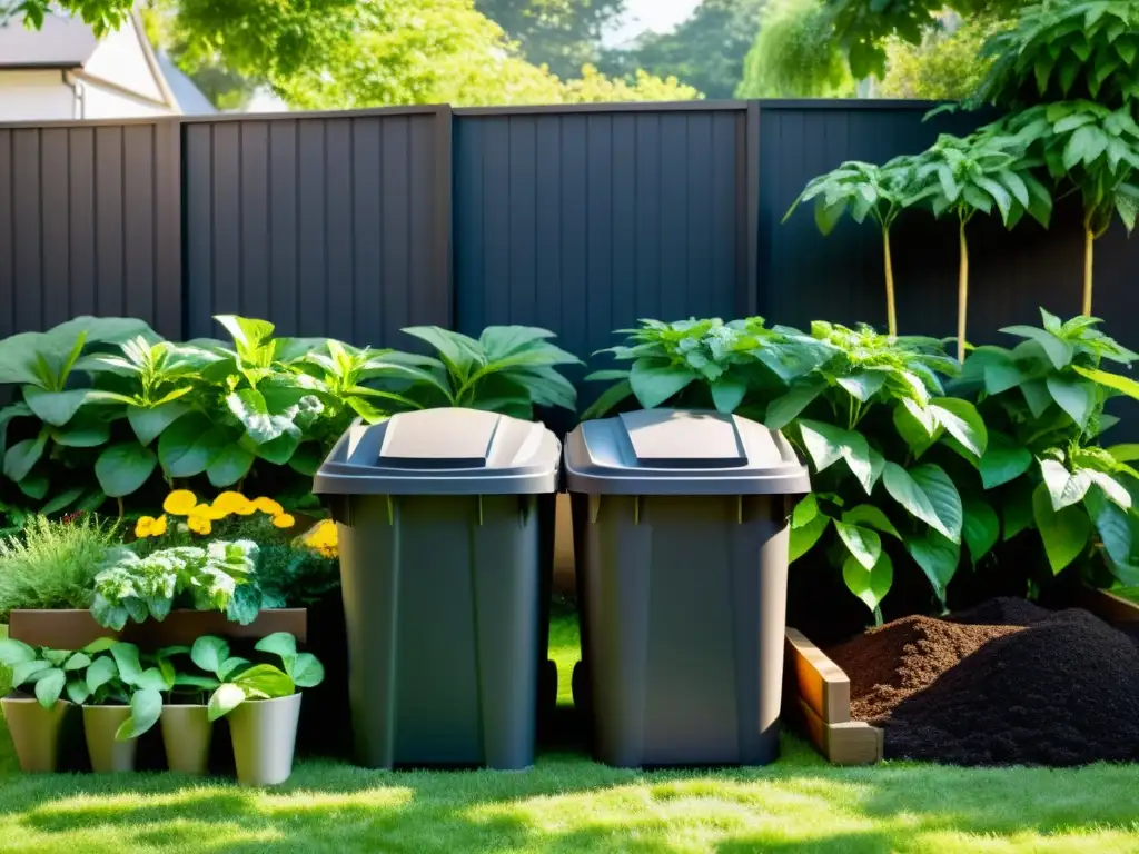 Un jardín exuberante y verde con composteras ordenadas, mostrando las mejores técnicas de compostaje en casa