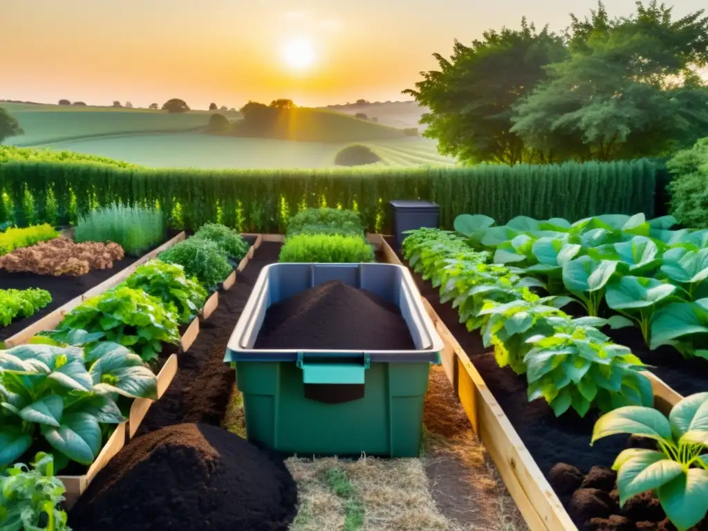 Un jardín exuberante y verde con cultivos vibrantes bajo el cálido sol