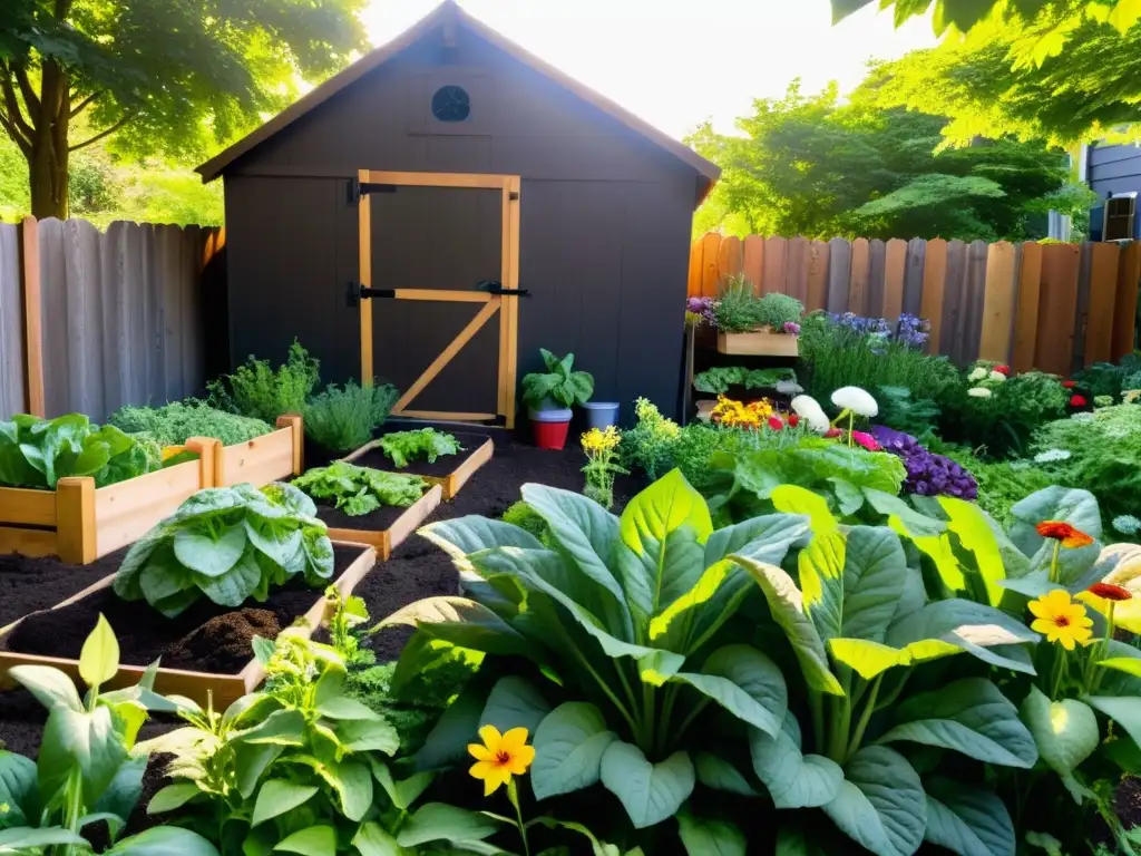 Un jardín exuberante y verde lleno de vegetales y flores, rodeado de composteras ordenadas