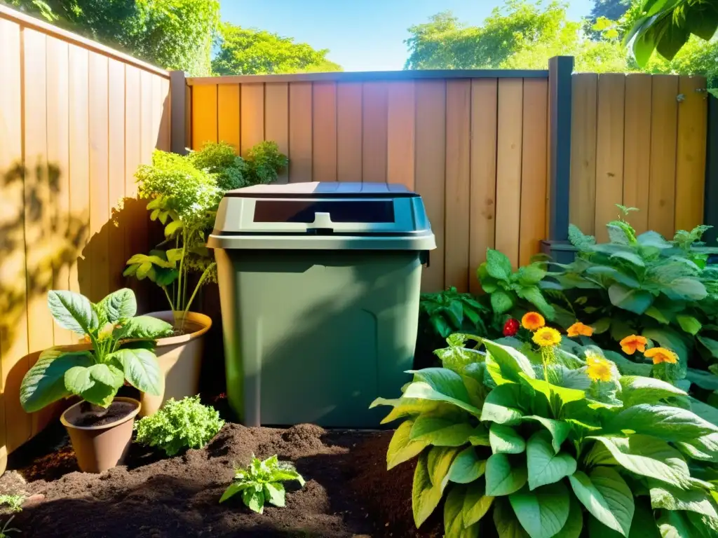 Un jardín exuberante y verde con un pequeño compostador en la esquina