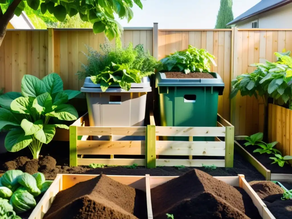 Un jardín exuberante y verde rebosante de vegetales y frutas rodeado de composteras de madera, generando vapor